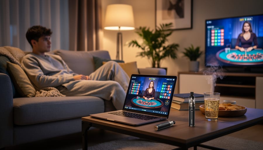 Person relaxing at home with tablet showing casino game and vape device on side table