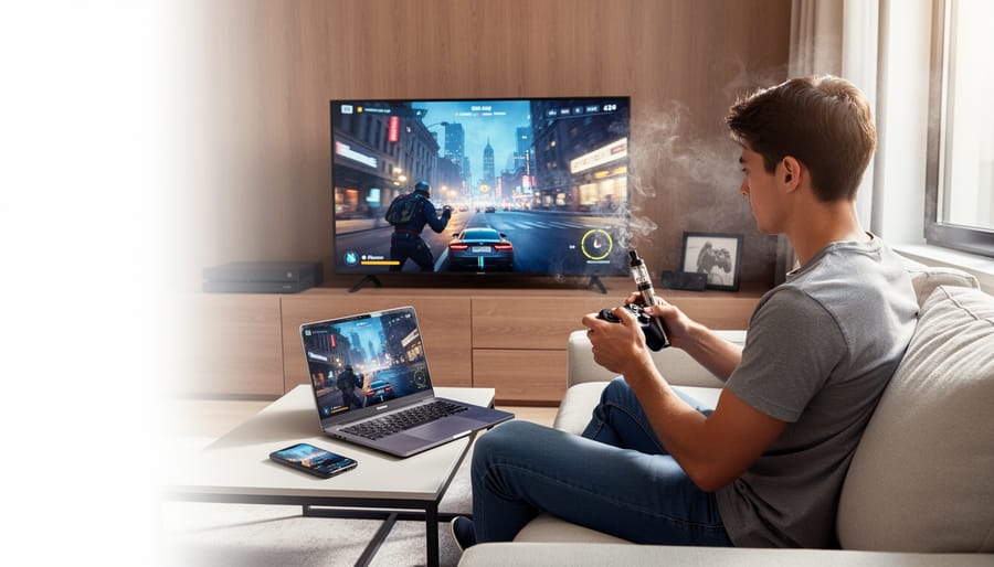 Top view of multiple devices showing live casino games with vape device on desk