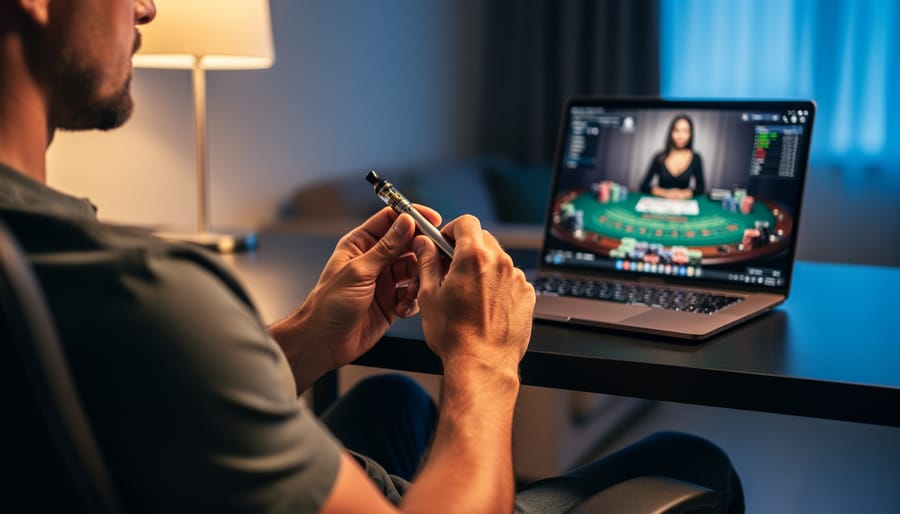 Adult seated at a modern desk holding a vape pen with a faint vapor cloud as a laptop shows a blurred live casino table and dealer silhouettes, lit by warm lamplight and cool screen glow, no visible text or logos.