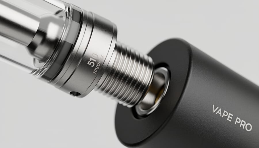 Close-up of 510 thread battery showing the threaded connection with attached vape cartridge