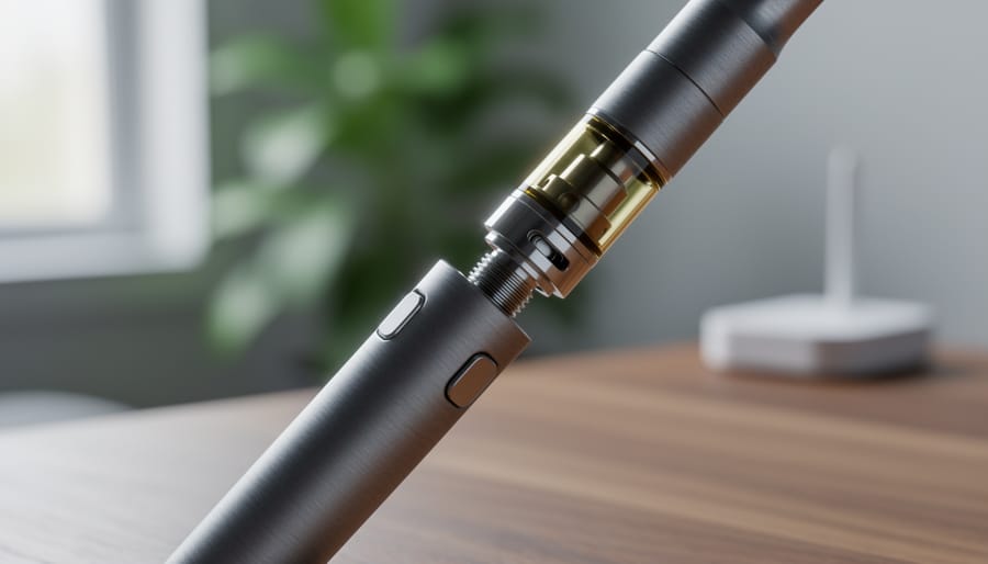 Close-up 45-degree view of an unbranded 510 thread vape battery with a compatible cartridge aligned to connect, metal threads in sharp focus on a warm wooden surface, softly blurred living room and charger dock in the background
