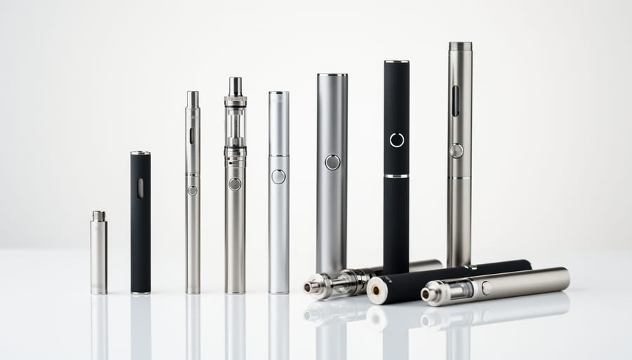 Overhead view of different types of 510 thread batteries including pen-style and box mod designs