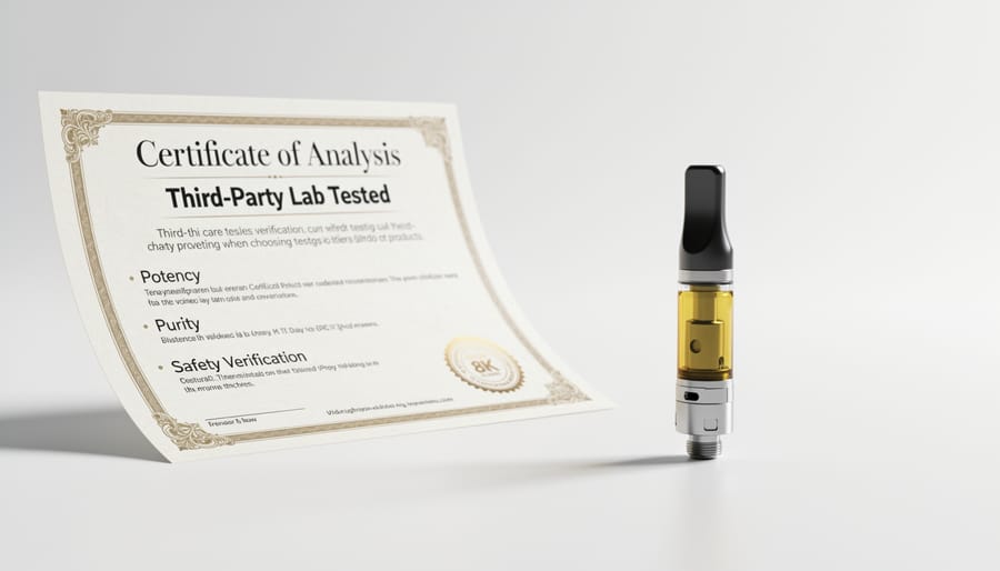 A THC vape cartridge and vaping device placed next to a sealed certificate document sleeve on a dark tabletop.