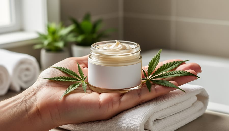 Close-up of a jar of CBD pain-relief cream on a person’s hand with organic hemp leaves in a clean bathroom setting.