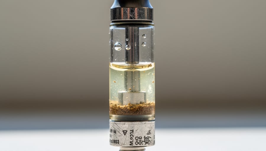 Close-up of a THC vape cartridge with cloudy interior and visible hardware seams under dramatic lighting.