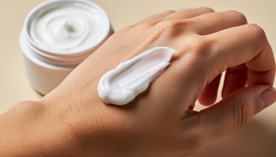 Close-up of CBD pain cream texture being scooped from a jar onto fingertips.