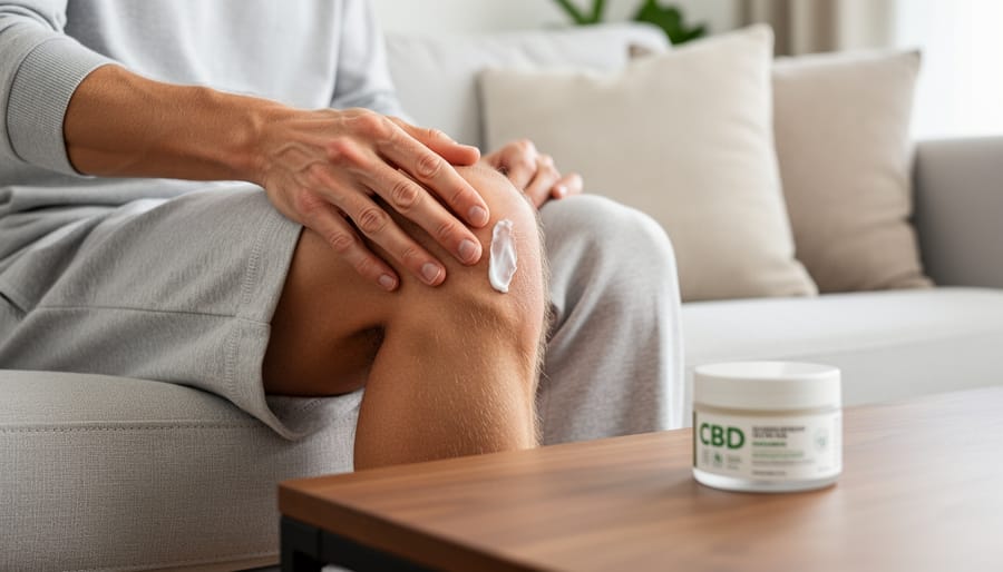Person applying CBD pain cream to a sore shoulder while holding a small cream jar.