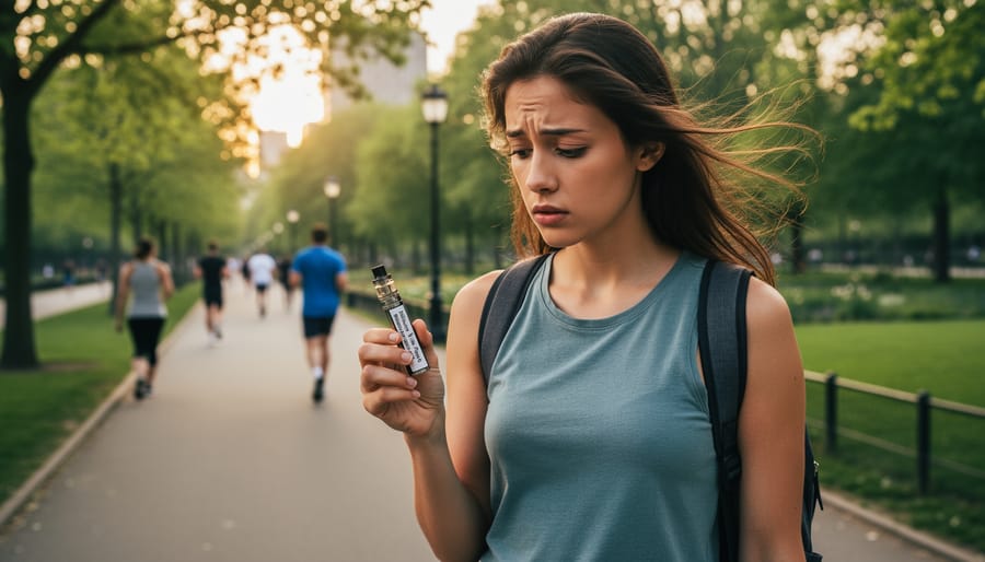 Person holding a disposable vape device by an open window with fresh daylight in the background.