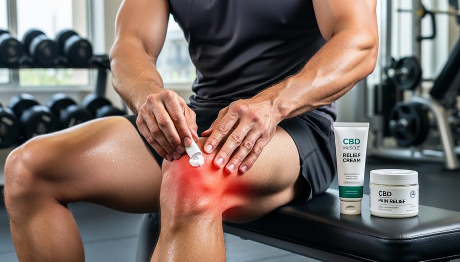 Runner applying CBD cream to a calf muscle during outdoor recovery at golden hour.