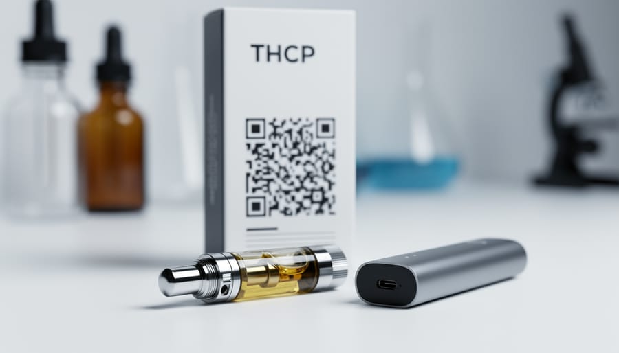 “Close-up of a THCp vape cartridge and disposable next to packaging with a QR-code area on a clean white background, suggesting third-party lab verification.”