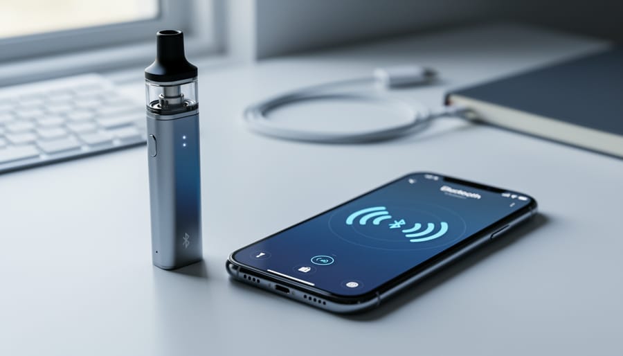 App-connected vape device next to a smartphone indicating Bluetooth-style connection for smart vaping control.