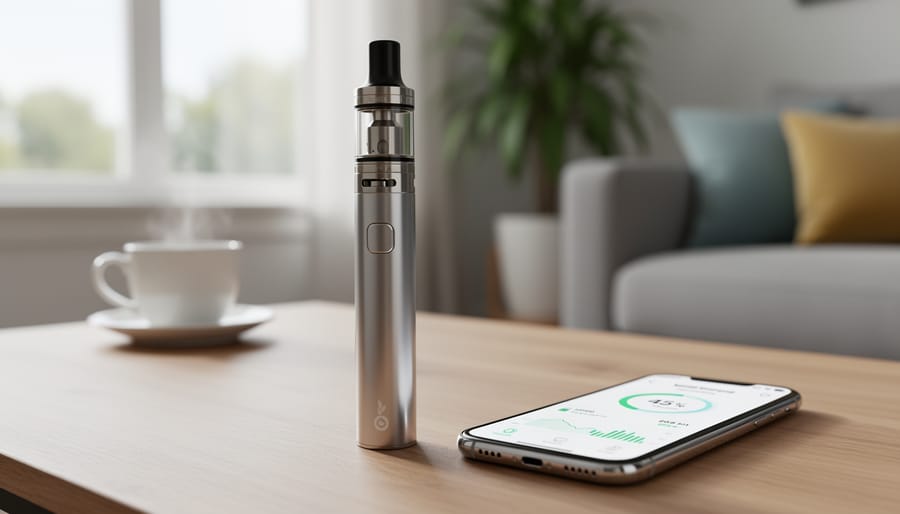 Hand holding an app-connected vape device beside a smartphone on a wooden nightstand